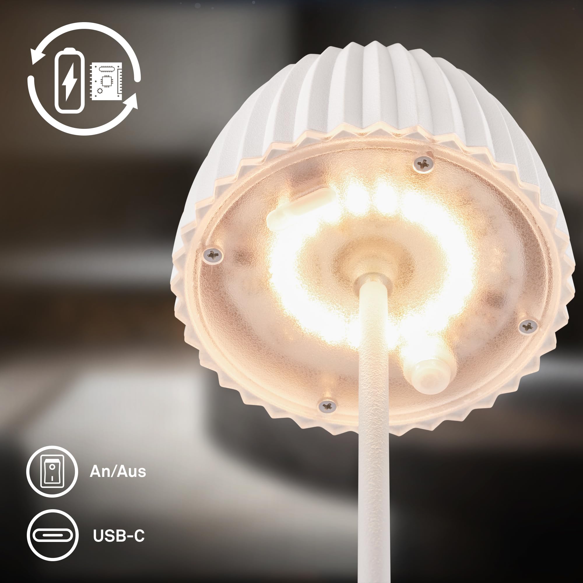 BRILONER - Riffle Mini lampara de mesa sin cable LED inalámbrica IP44 con borde luminoso, regulador táctil, lampara mesita noche sin cable, ganadora del German Design Award 2025, 8,5x20 cm, blanco