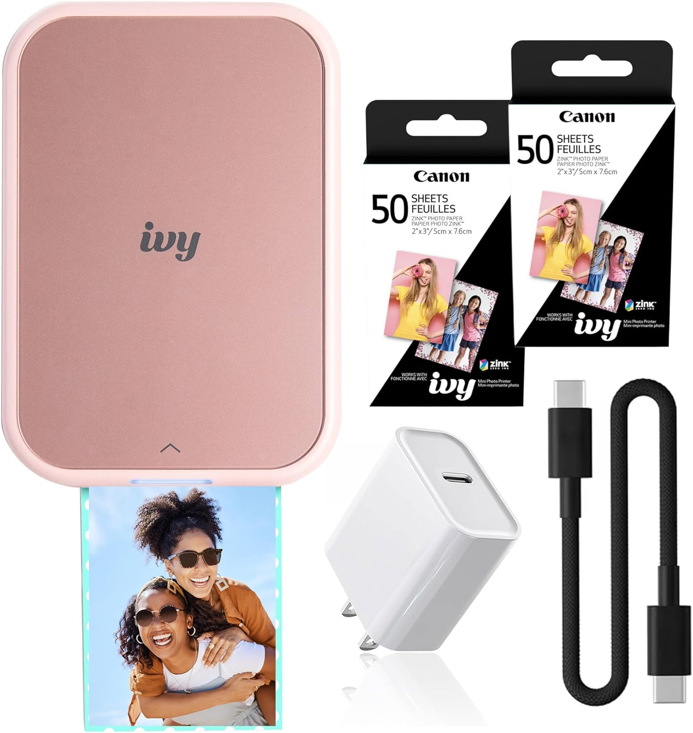 Canon Ivy 2 Mini Photo Printer Blush Pink, Bluetooth Portable Printer for iOS & Android, Zink 2x3 Sticky-Back Photo Prints, Compact Travel Size (5452C017) + 2 x Zink Photo Paper (50 Sheets) + More