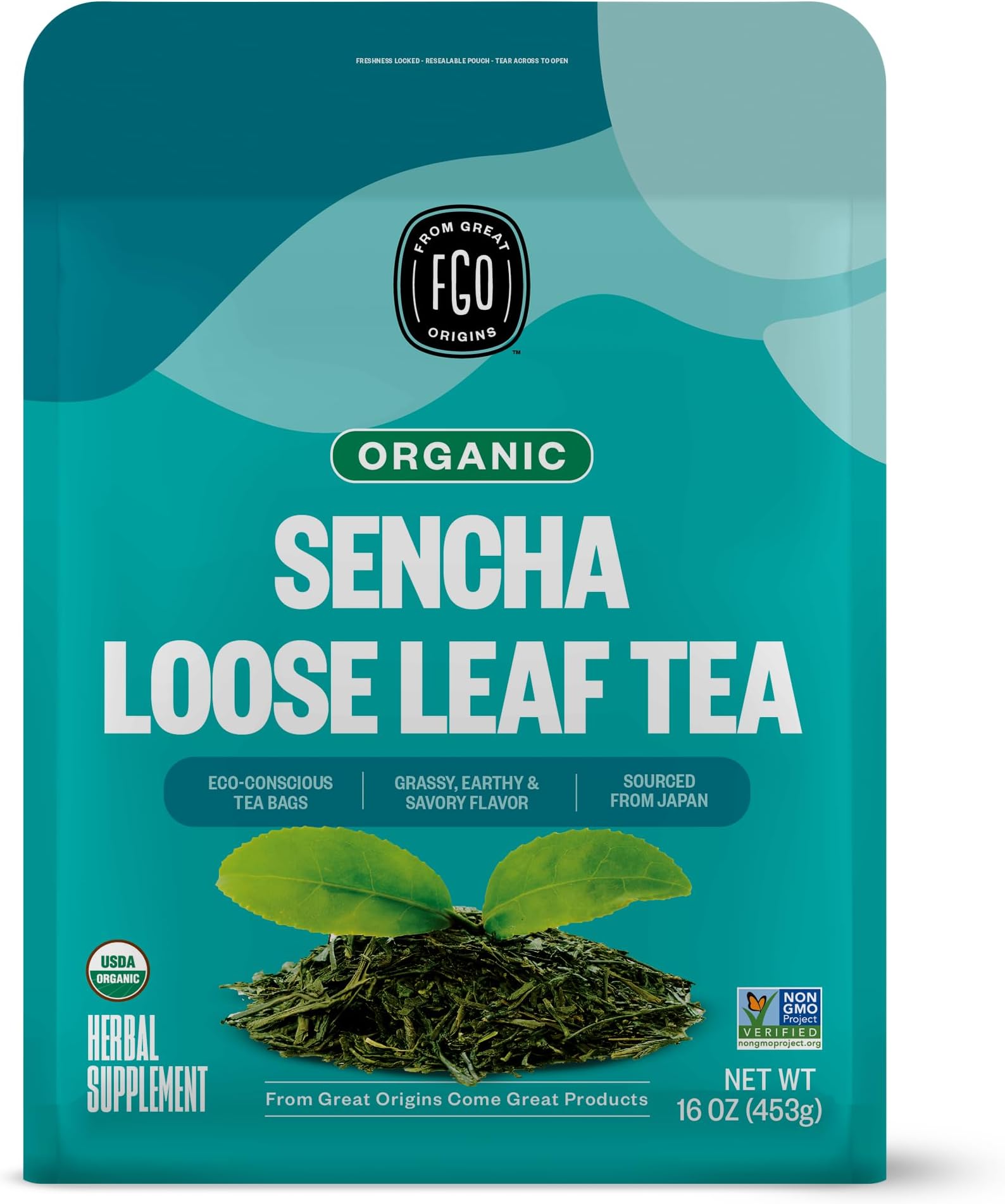 FGO Organic Sencha Green Tea, 16 Ounce Loose Leaf Bulk Resealable Bag, Sourced From Japan, Packaging May Vary (Pack of 1)