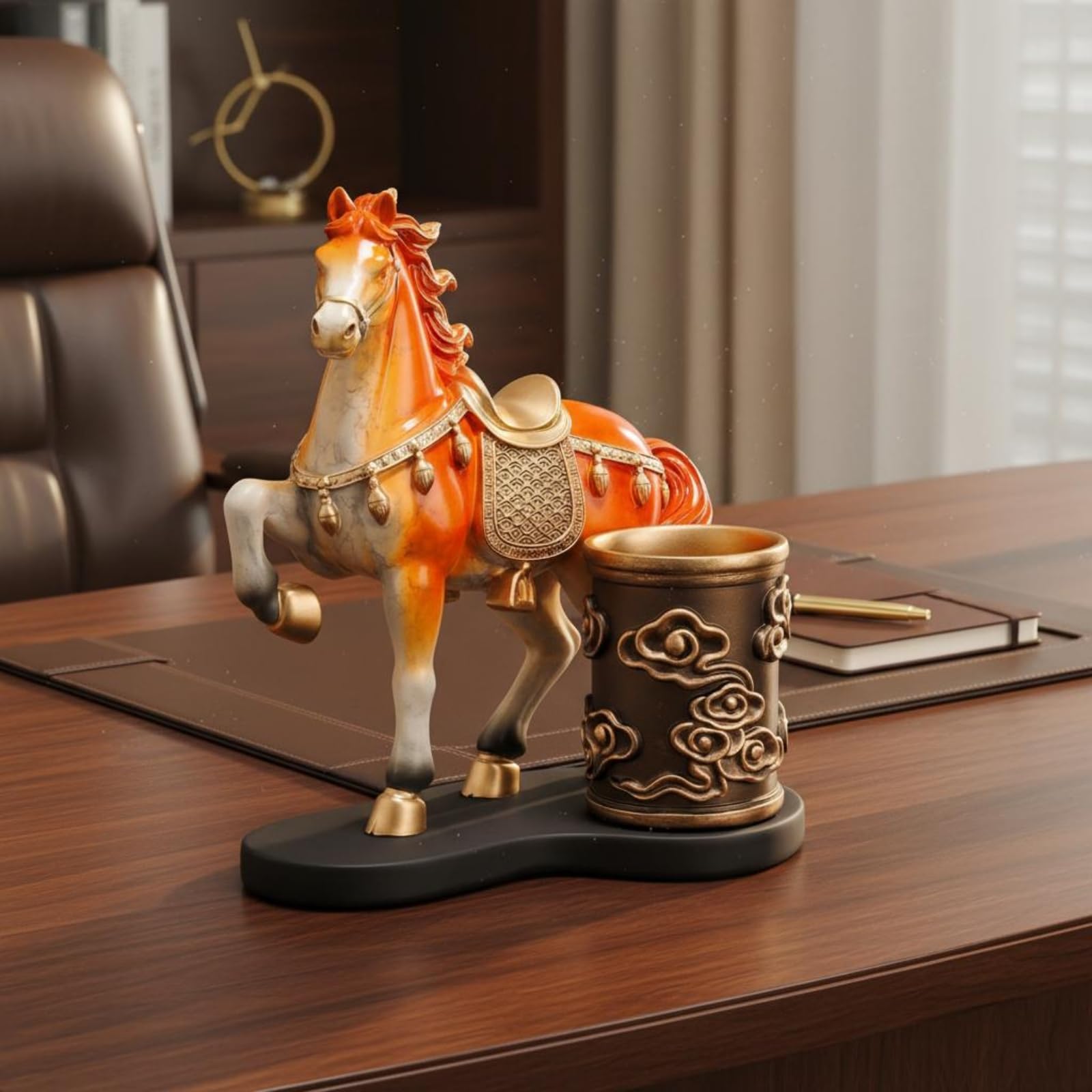 Portapenne da Scrivania Cavallo Portapenne Organizer da Tavolo Tazza Penne Statue Decorativa in Resina Finitura Lavorazione Dipinta a Mano Adatto per, Oro