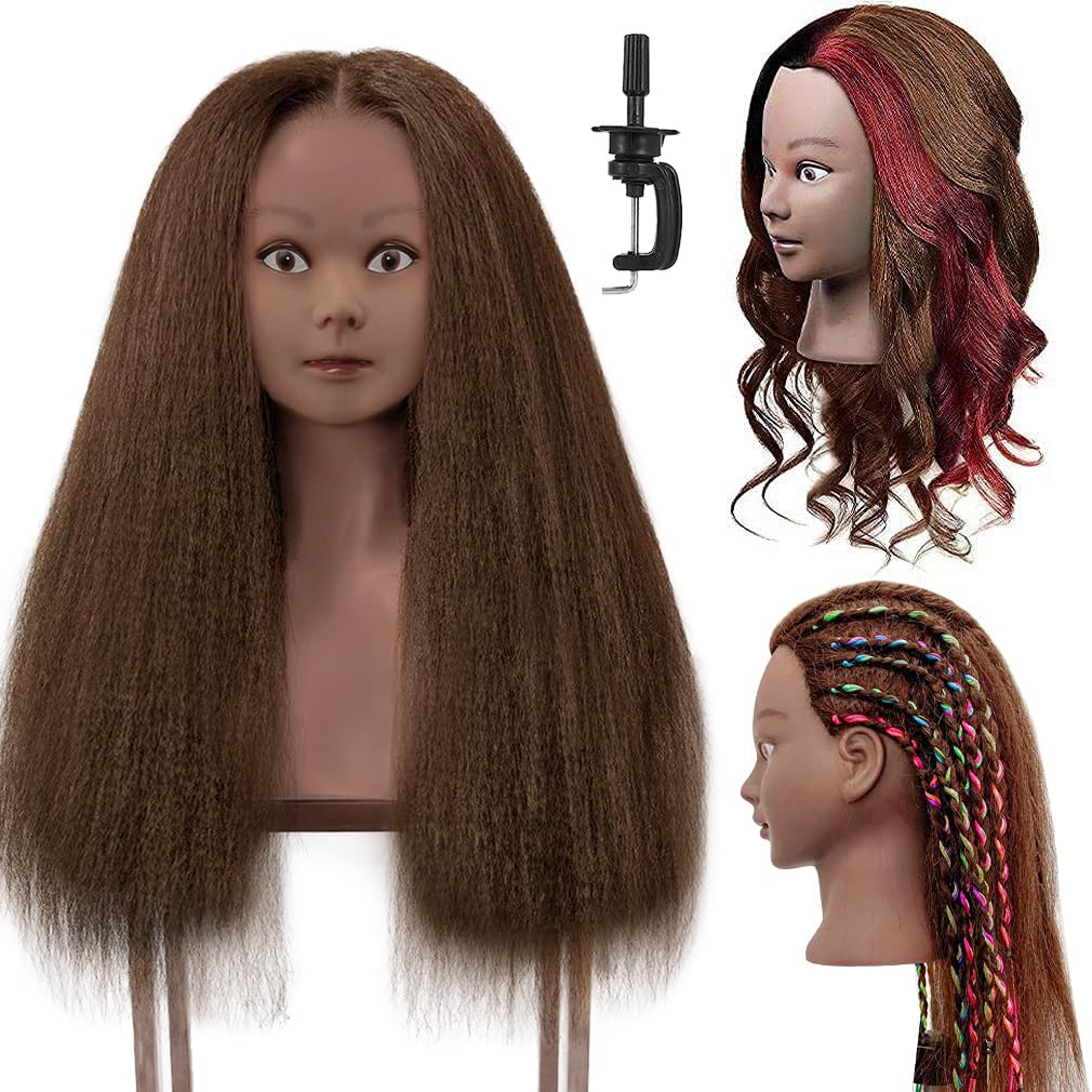 FABA Mannequin Head with Hair, Brown, 26"-28" | #4 Brown Shade, For Makeup & Braiding, Hairdressing Practice, Styling & Cutting Training, Free Clamp Holder Included