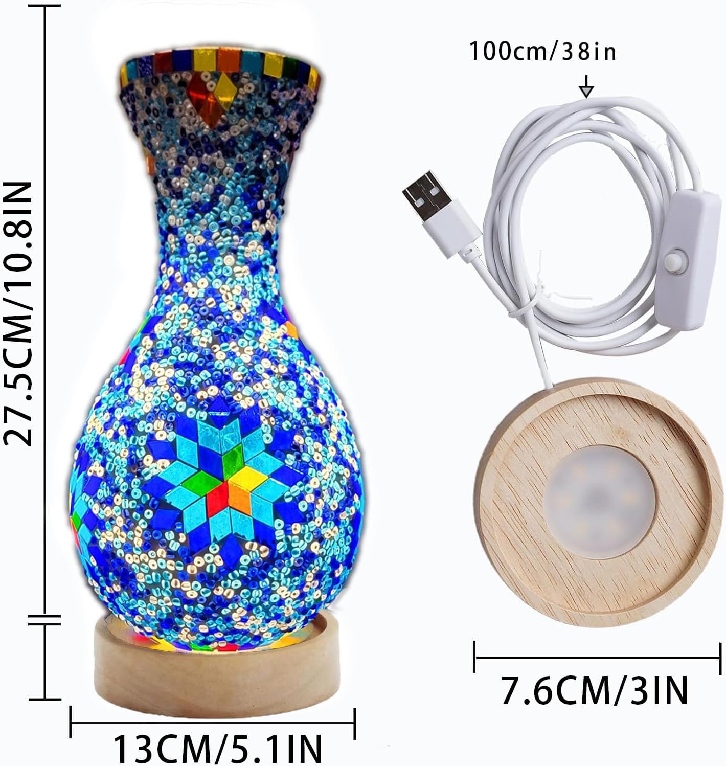 Retro Turkish Mosaic Vase Lamp Turkish Moroccan Table Lamp Colorful Handmade Glass Vase with Wood Base for Flowers USB Charge Decor Light for Bedroom Ambient Living Room Farmhouse
