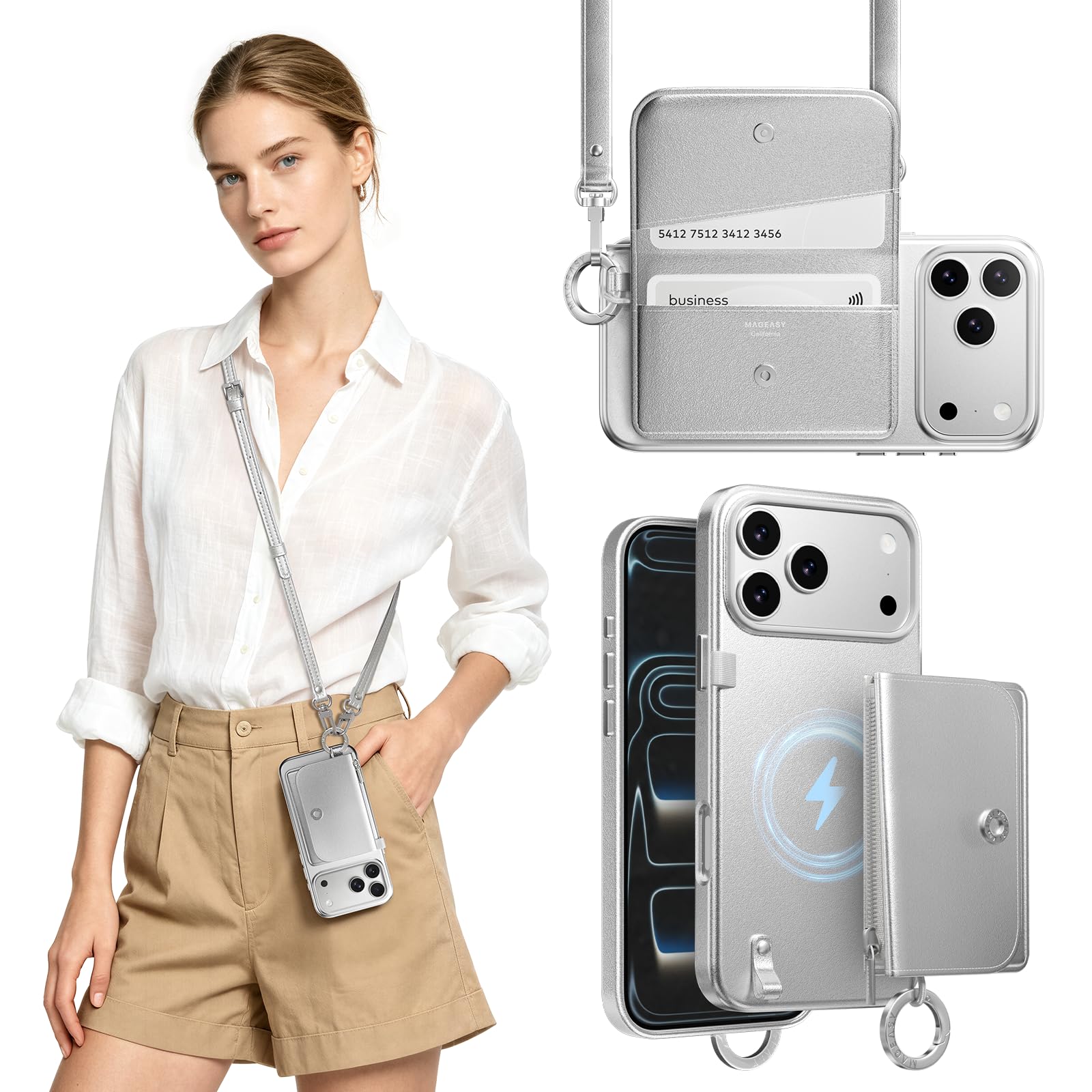 MAGEASY Custodia a portafoglio compatibile con iPhone 17 Pro Max da 6,9 pollici con tracolla - compatibile con portamonete staccabile MagSafe e slot per schede, cordino a tracolla, protezione dalle