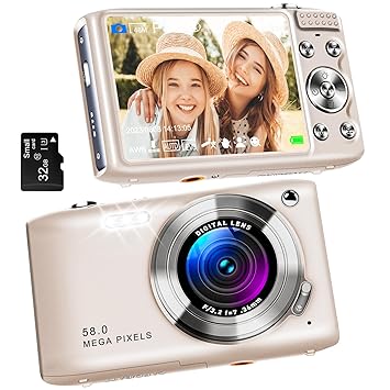 Digital Camera, Autofocus UHD 58MP 4K Vlogging Camera, 16X Zoom Point and Shoot Camera for Photography, Vlogging Compact Camera for Teens Adult Beginner with 32GB SD Card, Flash, Anti-Shake, Gold
