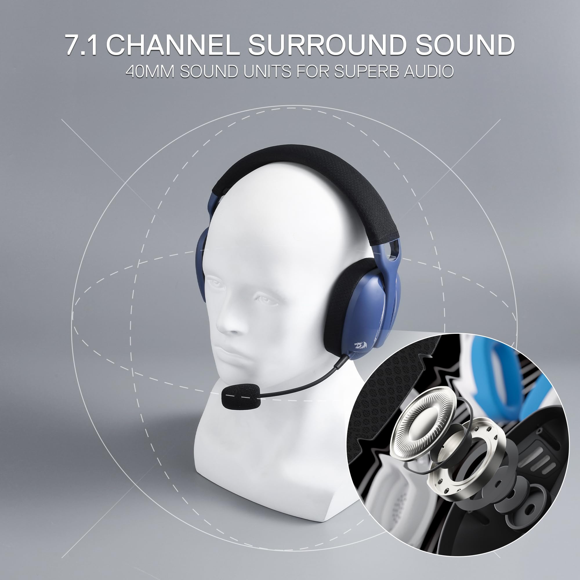 Redragon H878 Cuffie da Gioco Wireless a 3 Modalità con Retroilluminazione Blu - Leggere - Suono Surround 7.1 - Driver da 40MM - Microfono Rimovibile - Multi Piattaforme per PC, PS5/4/3, Switch Mobile