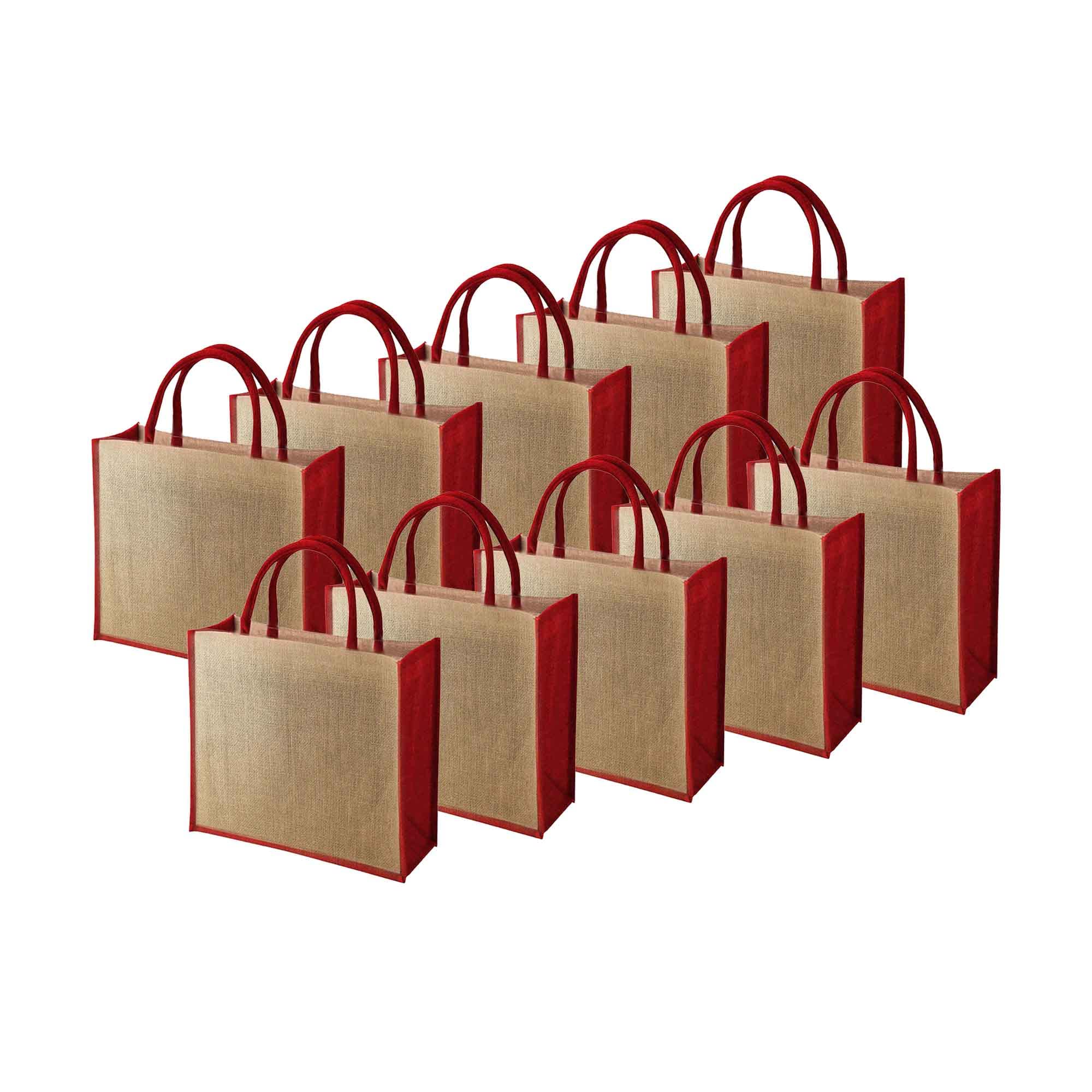 Ecoduka® Classic Supermarket Jute Shopper Bag with Coloured Gussets, Eco Hessian Shopping Bag with Coloured Short Padded Handles | Sustainable Reusable Market Bag | UK Supplier (Red, 25 Pack)