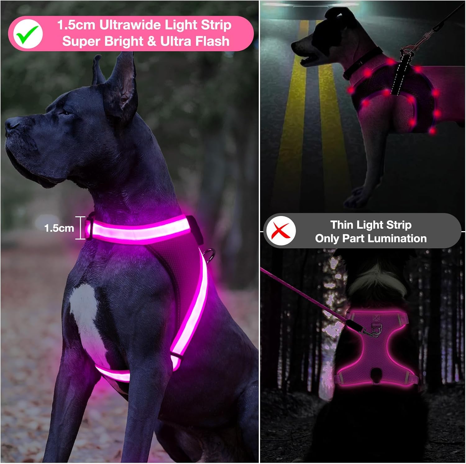 ChalkLit Light Up Dog Harness, No Pull Led Dog Harness Glow-in-The-Dark for Night Walking, USB Rechargeable Lighted Safety Vest for Medium Large Dogs, Adjustable Soft Mesh Fully Illuminated(Pink, L)