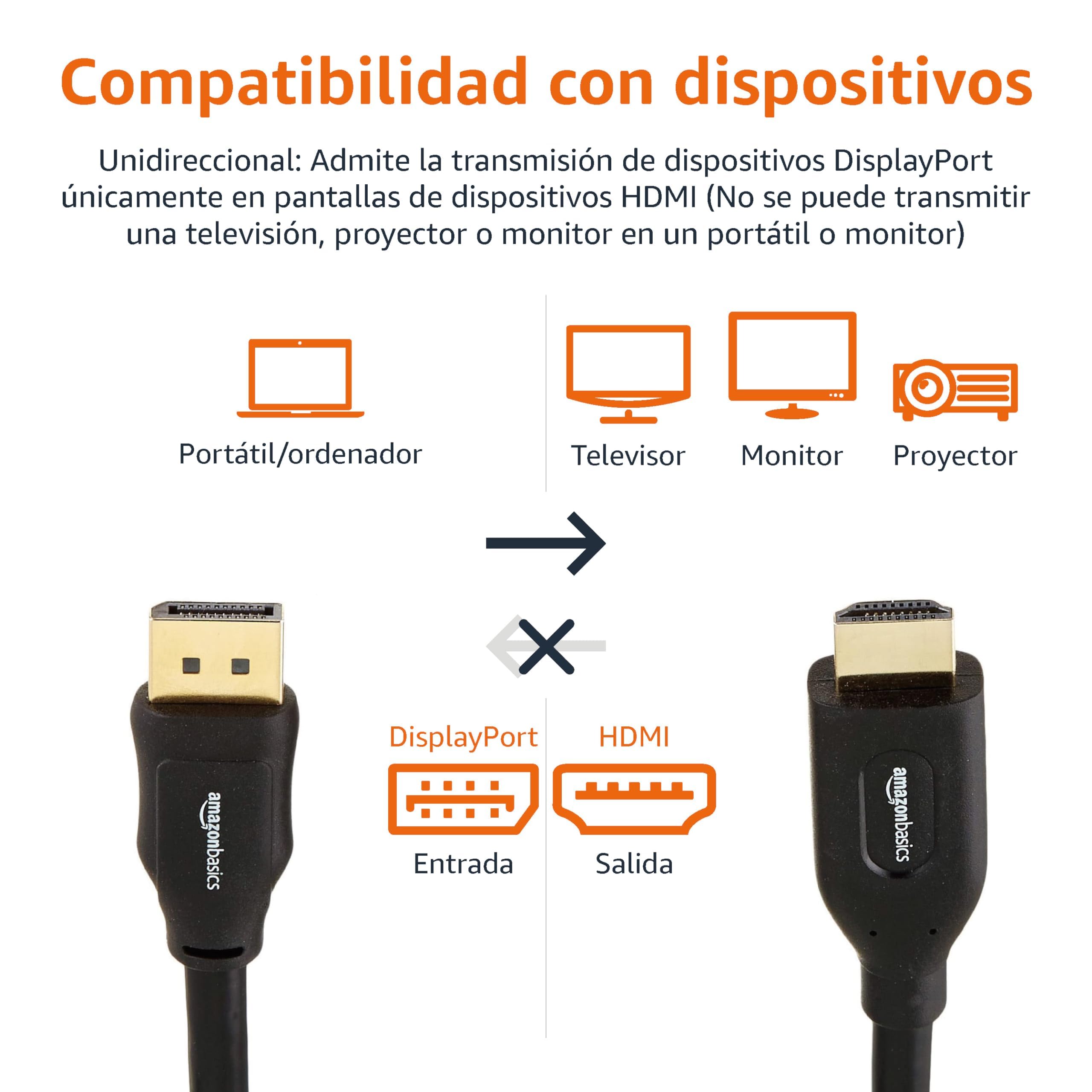 Amazon Basics Cable DisplayPort a HDMI, unidireccional, 1080p, 1920 x 1200, 4K@60Hz, 1,82 m, conector dorado, negro