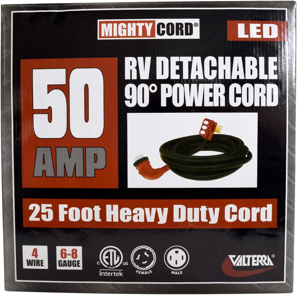 Valterra Mighty Cord® RV 50-Amp 90-Degree Detachable Power Cord, 25-Foot Cord for RV, Red