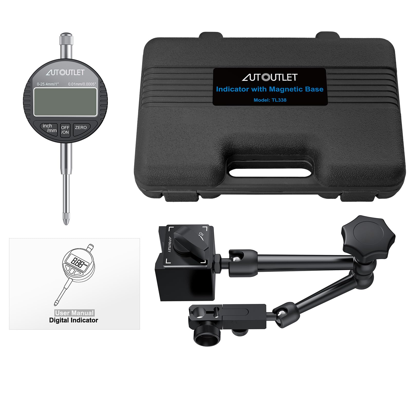 AUTOUTLET Digital Messuhr und Magnetfuß mit Zentralklemmung 25cm 132lbs/60kg Maximale Zugkraft, 0-25,4mm/1'' Messtaster Zoll/Metrische Umrechnung, Magnet Messuhrhalter, für Labor Werkstatt 3D Drucker