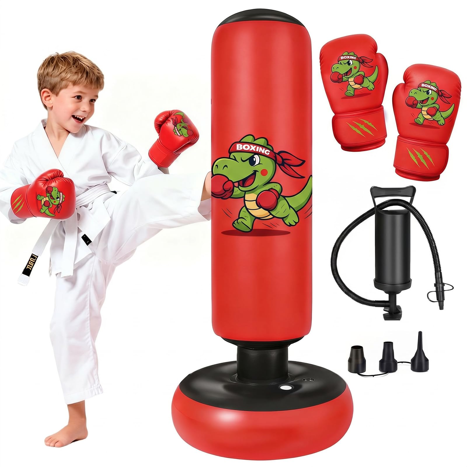 Ninonly 130cm Sacco da Boxe Bambini Motivo a Dinosauro Rosso | Pungiball Bambini con Guantoni e Pompa, Regalo per Bambini e Bambine Età 3+,per Karate e Taekwondo