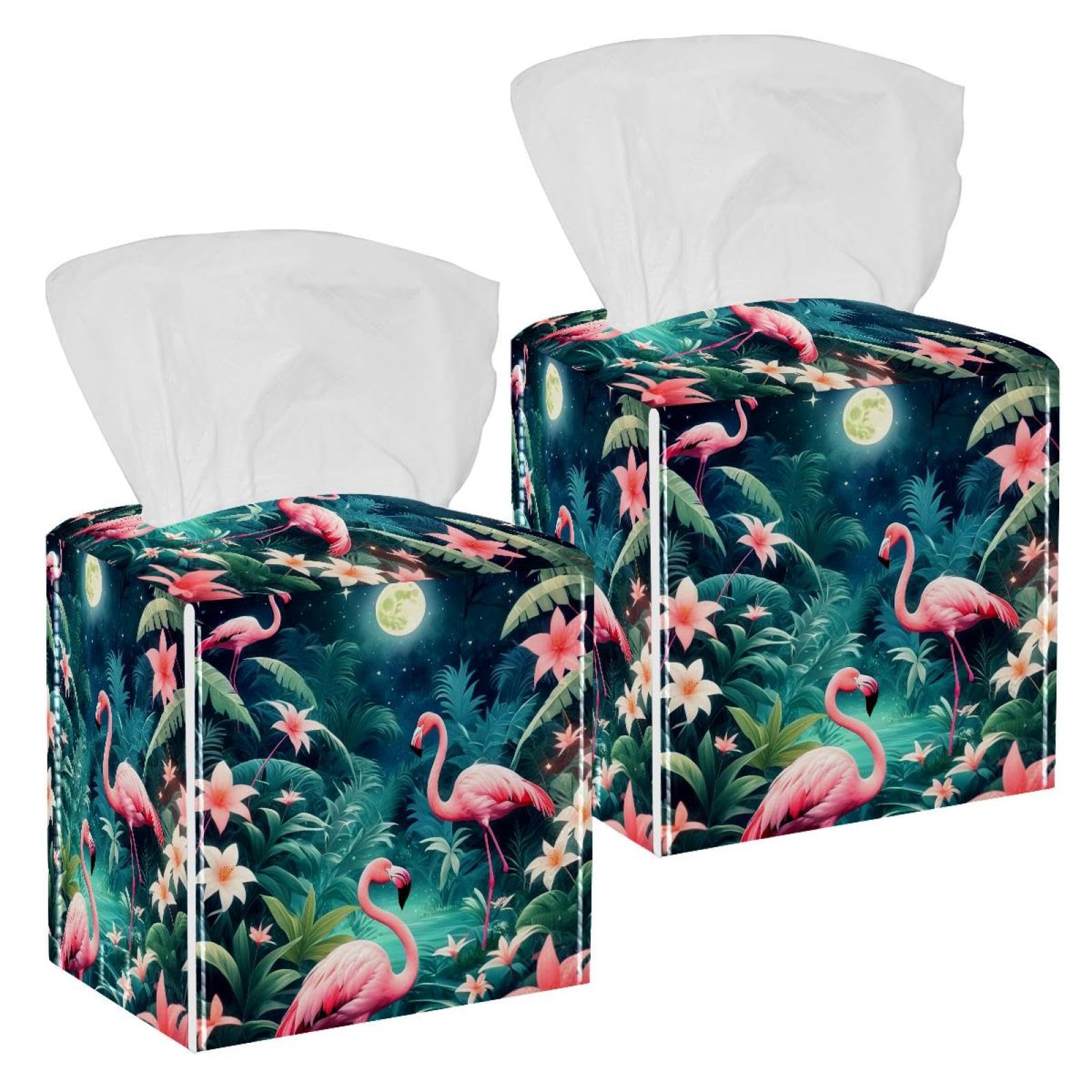 Flamingo Tissue Box Cover, 2 Pack PU Leather Square Facial Tissue Dispenser Box holder for Home Office Car