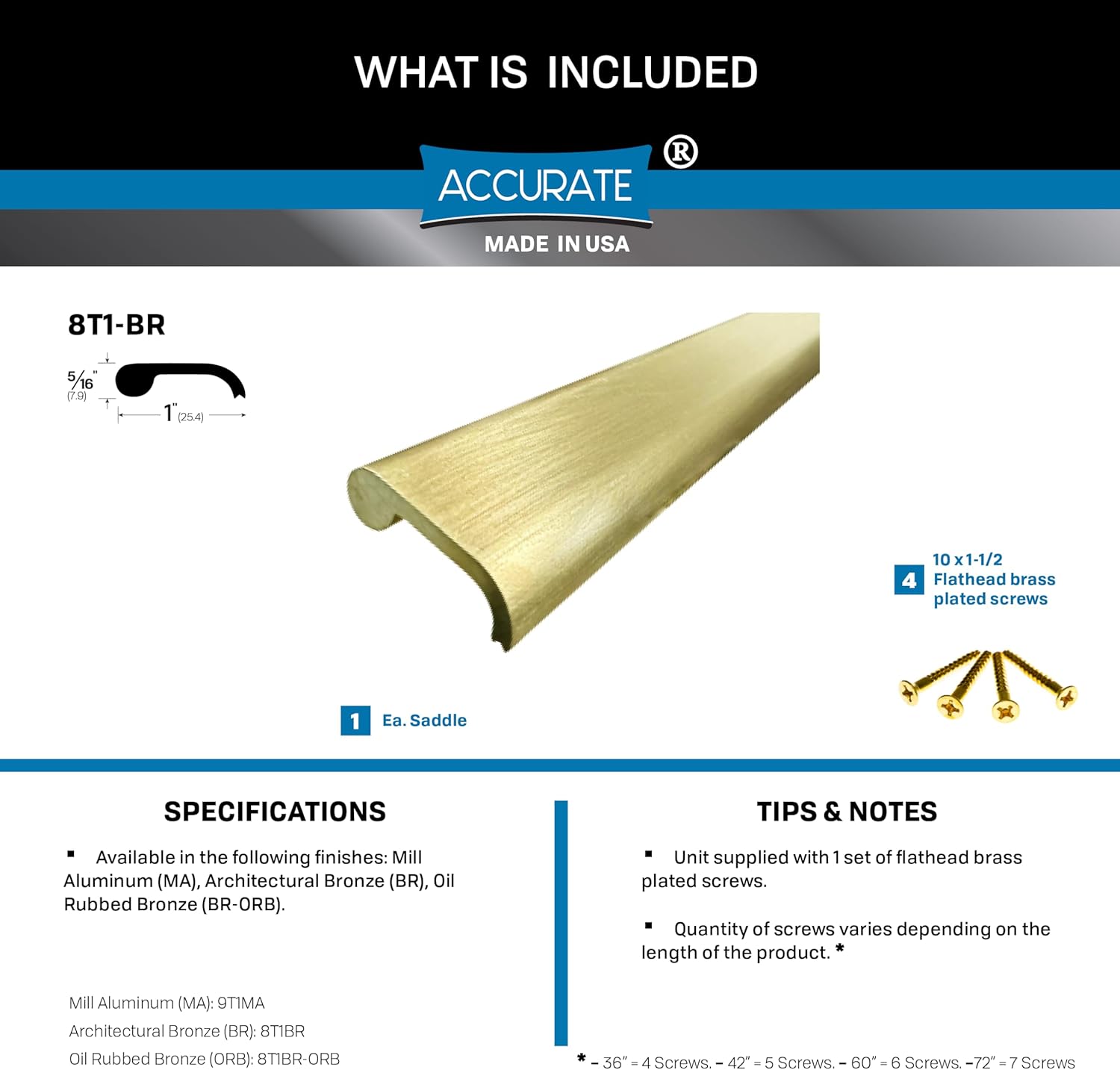 Architectural Bronze/Brass Sectional Unit Door Threshold/Saddle (AM-T1) – 5/16" H x 1" W – Includes #10 x 1-1/2" Brass-Plated Screws (Bronze, 60")
