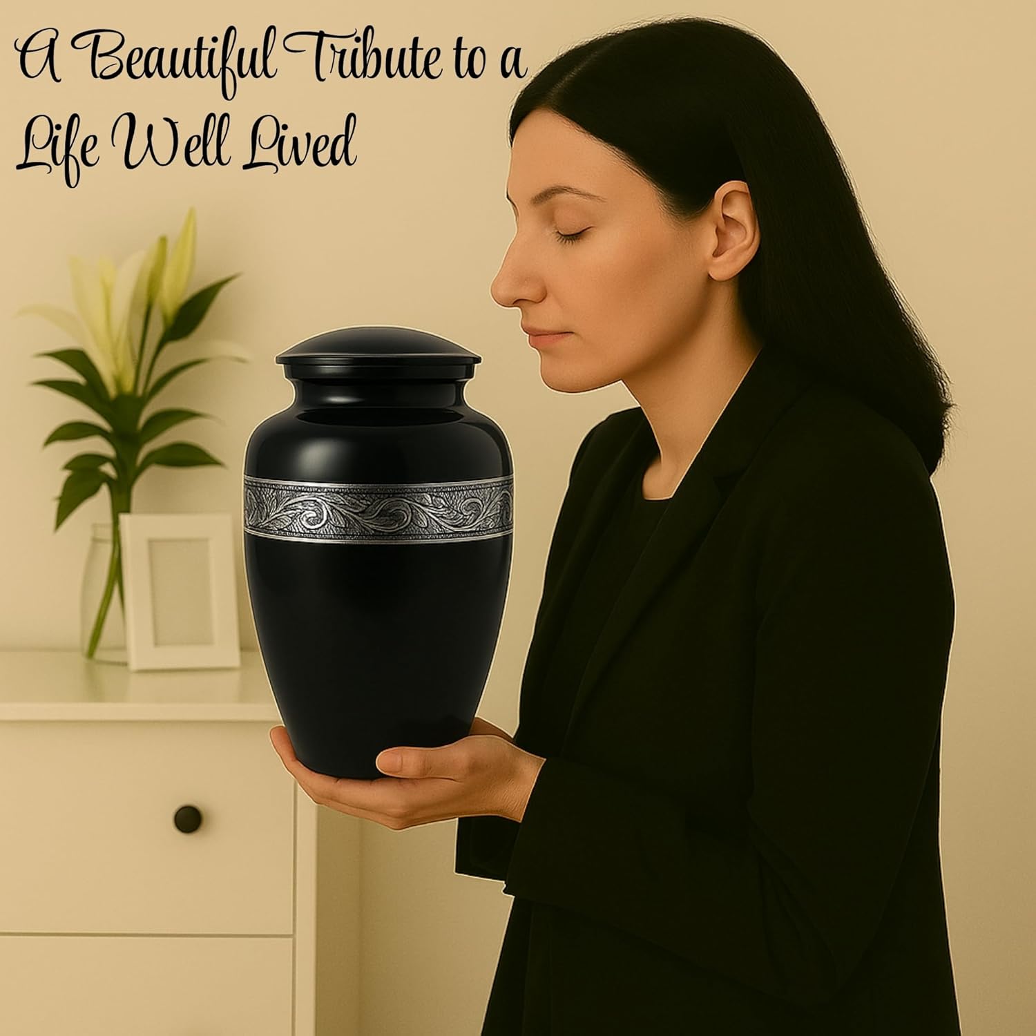 Silver Engraved Aluminium Cremation Urn for Human Ashes Adult - Handcrafted Funeral Memorial Ash Storage Urn - Bag Included (Black, 6.5" x 6.5" x 10.5" - 200lbs or 91kg)