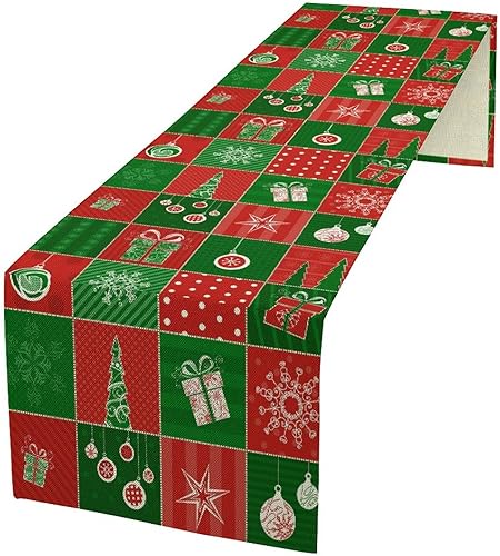 Camino de mesa de Navidad de invierno para vacaciones de Navidad, color rojo y verde, a cuadros, vintage, rústico, decoración de casa de campo para
