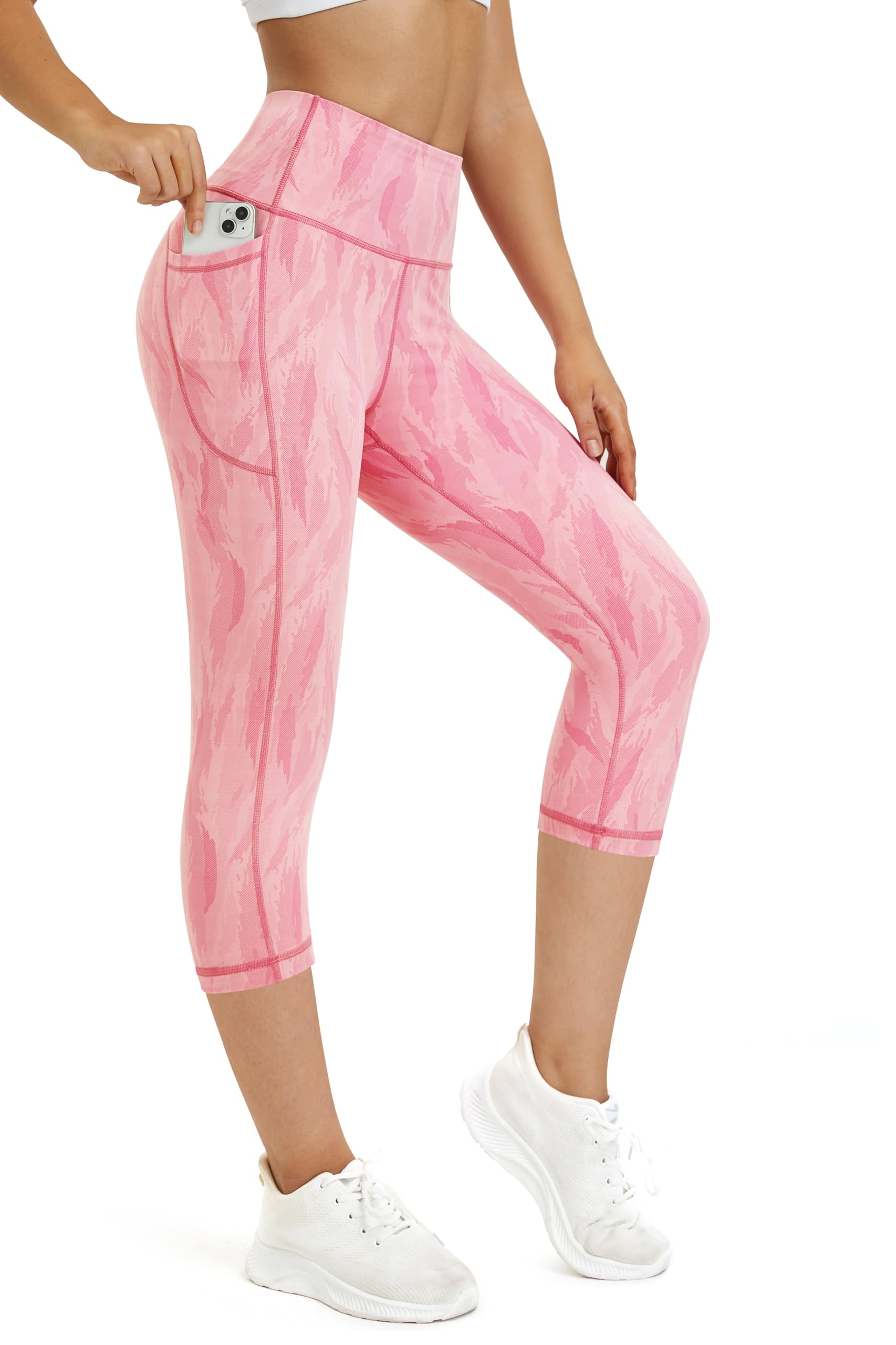 Neonysweets Women's Printed Yoga Pants Capris High Waist Tummy Control Workout Pants Leggings with Pockets Pink Printed M