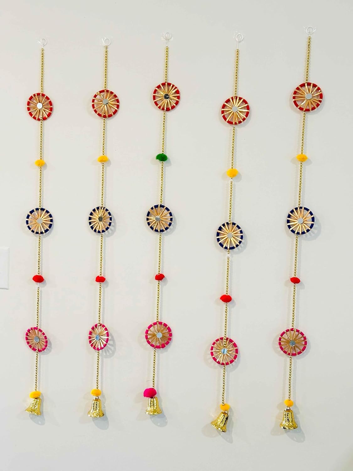EtnnicTreasure Mirror Pom Pom Handmade Wall Door Hanging Torans for Decoration Approx 3.7 ft- Pack of 6 Strings with Golden Hanging Bells Toran