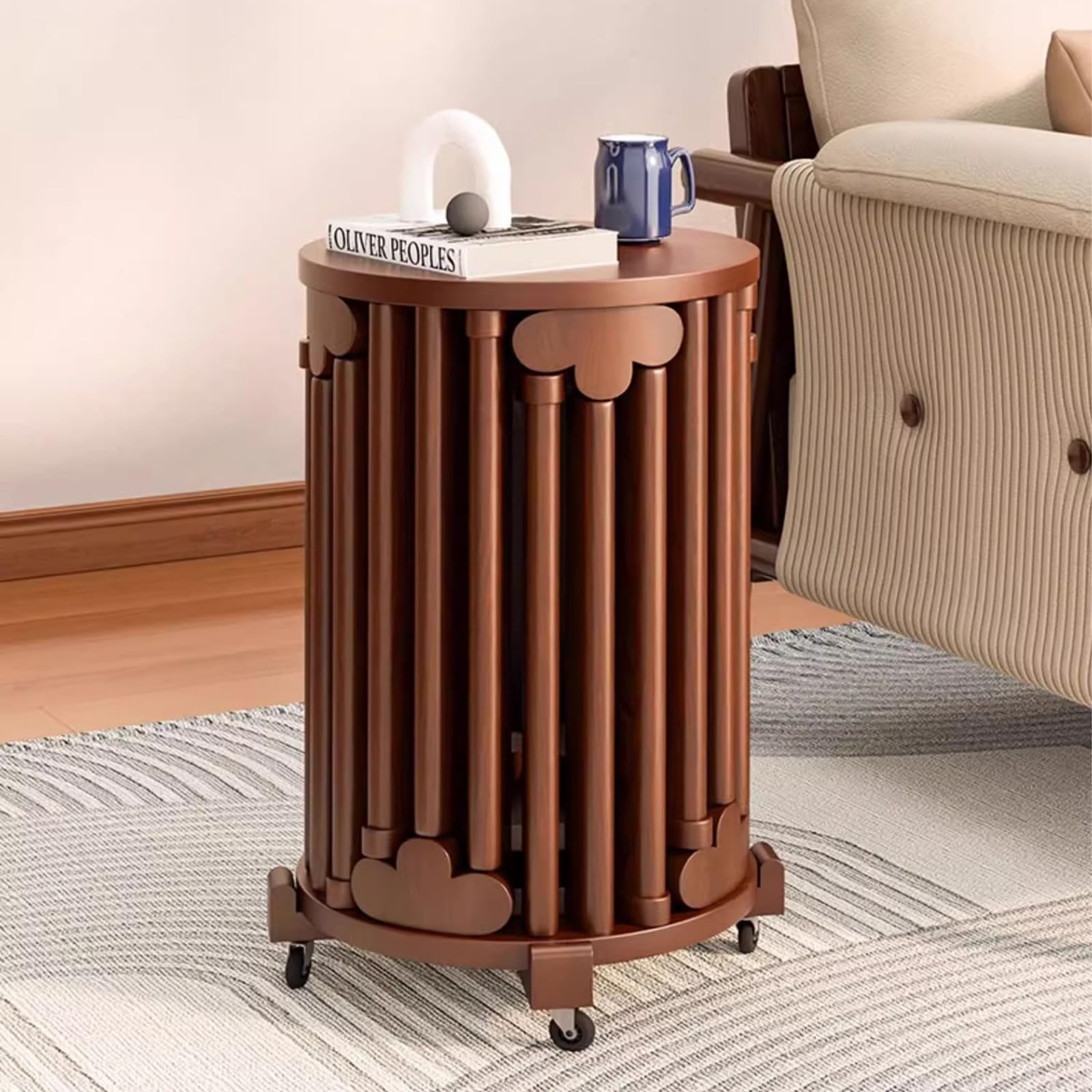 XNZJHPP 6 Stackable Wooden Stools with Wheels - Retro Solid Wood Nesting Chairs for Living Room & Bedroom - Space-Saving, Multifunctional Furniture for Stylish Home Decor (Walnut with Wheels)