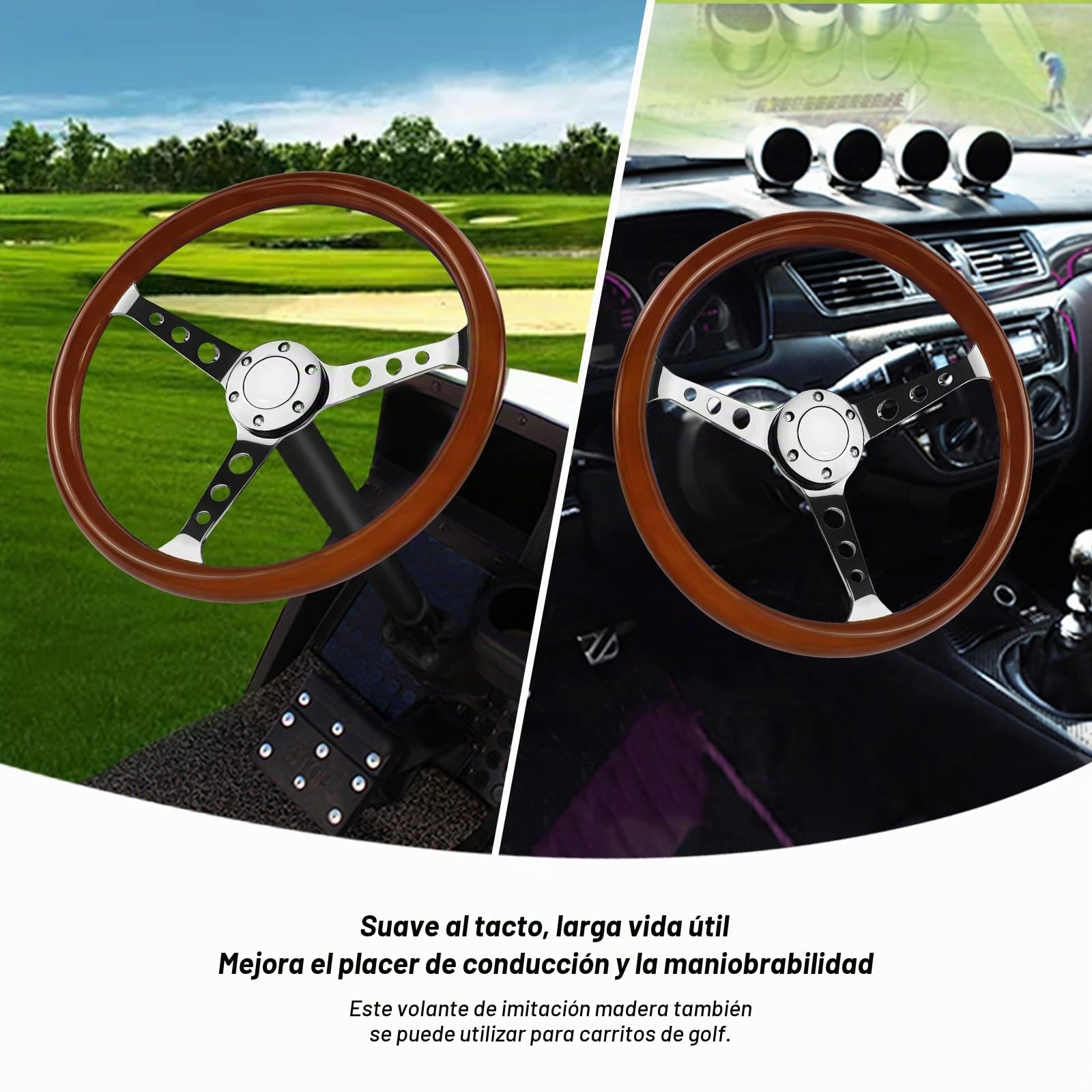 Universal Racing/Golf Cart - Volante de madera, 15 pulgadas, 6 pernos, grano de madera, estilo clásico vintage nostálgico con botones de claxon