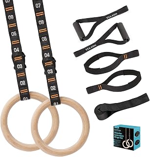 VULKEN Wooden Gymnastic Rings with Adjustable Numbered Straps - 1.1" Olympic Rings for Home Gym, Core Workouts & Bodyweight Training (1600lbs Capacity)