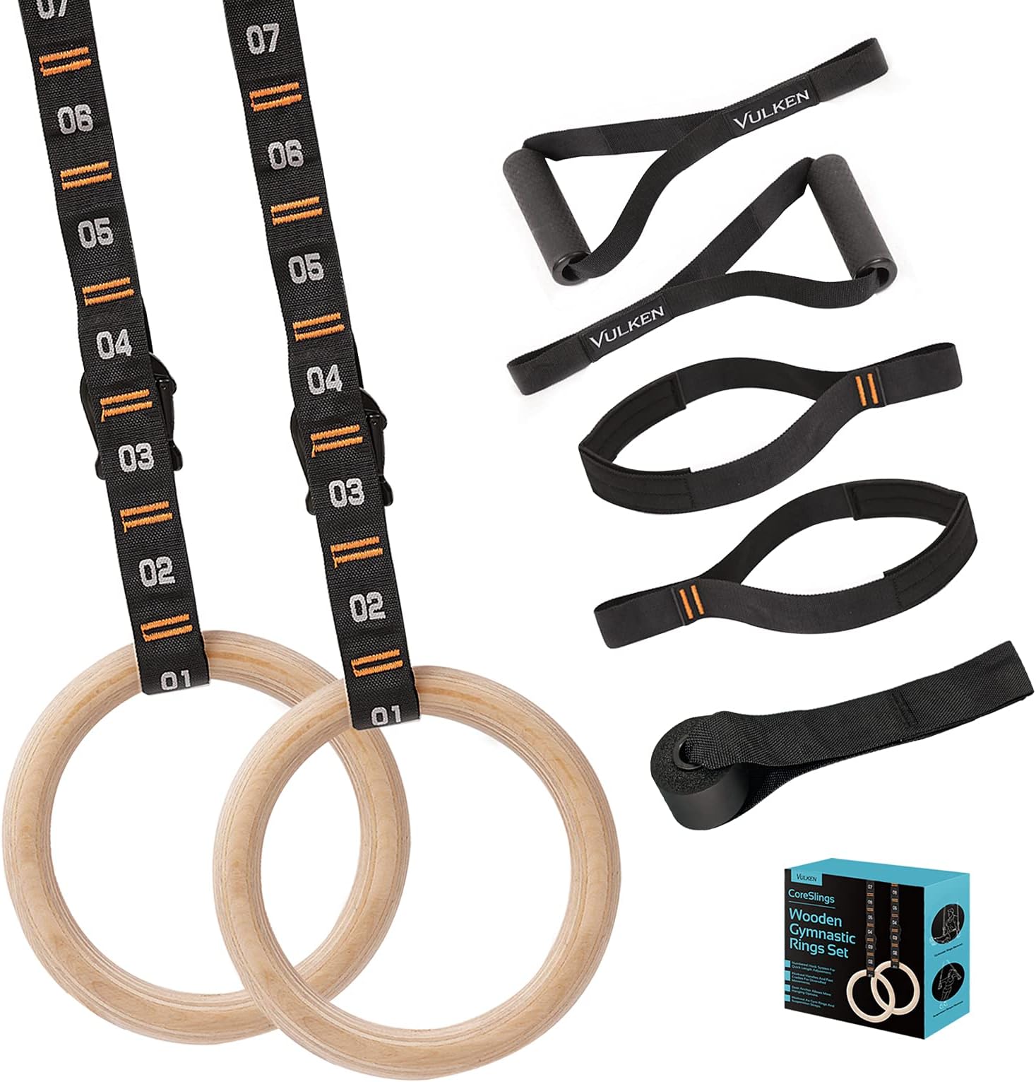 Wooden Gymnastic Rings with Adjustable Numbered Straps. 1.1'' Olympic Rings for Core Workout and Bodyweight Training. Home Gym Rings 1600lbs with Workout Handles