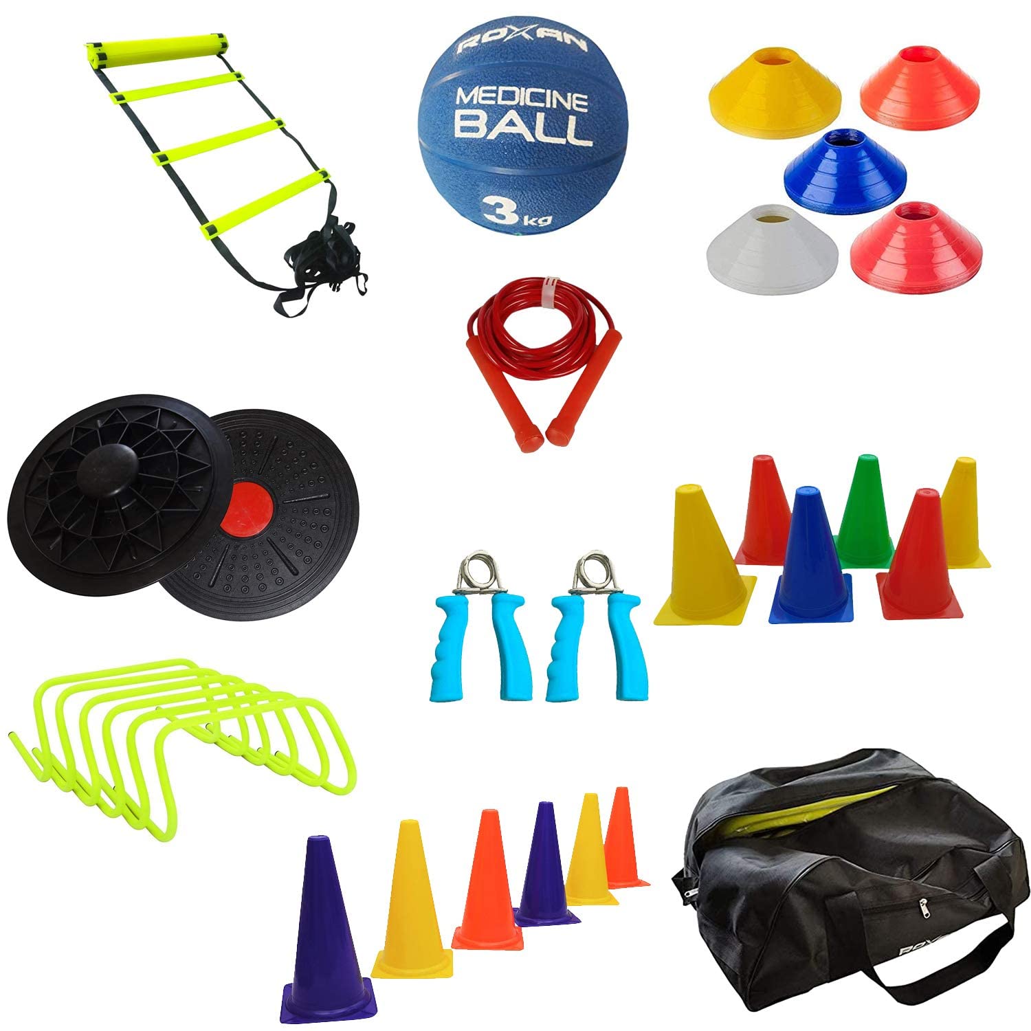 SNC Balance Board Combo with Rubber Medicine Ball 3kg,Hurdle 6inch-6,Ladder 8m,Skipping Rope,markercone 6inch and 9 inch Pack of 6 Each, Saucer Cone Pack of 20, one Pair Hand gripp,All in a Carry Bag-picture-27