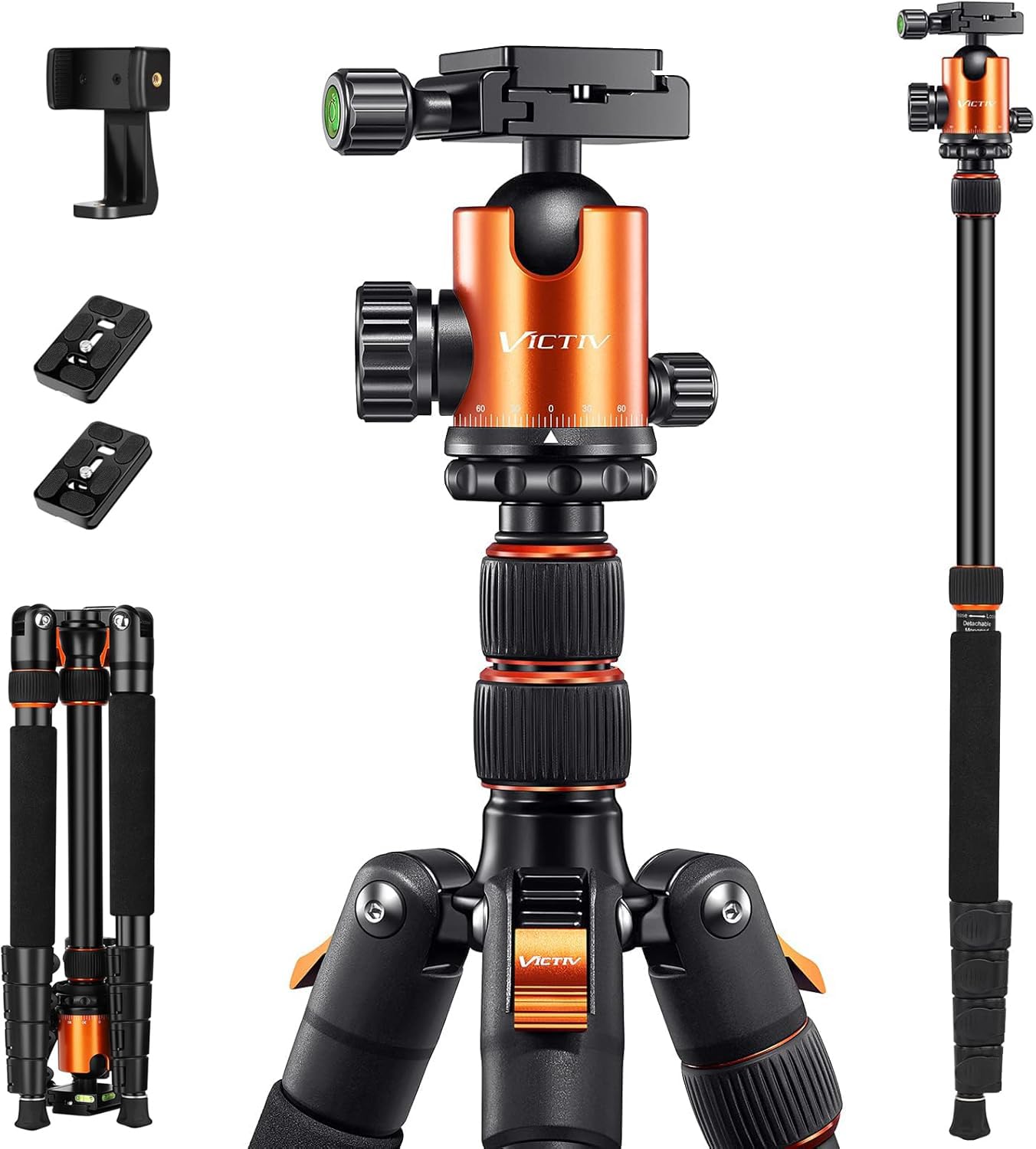 Camera Tripod Aluminum 81 inch, Tall Monopod for DSLR with 36mm Ball Head, Heavy Duty Tripods Supports up to 22 lbs, Compact Travel Tripod with Phone Holder and Carry Bag – Orange