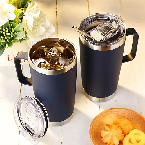 Miniatura 3 de Sieral 4 vasos de viaje aislados de 20 onzas con tapa, popote y asa, taza de doble capa de acero inoxidable al vacío (azul)