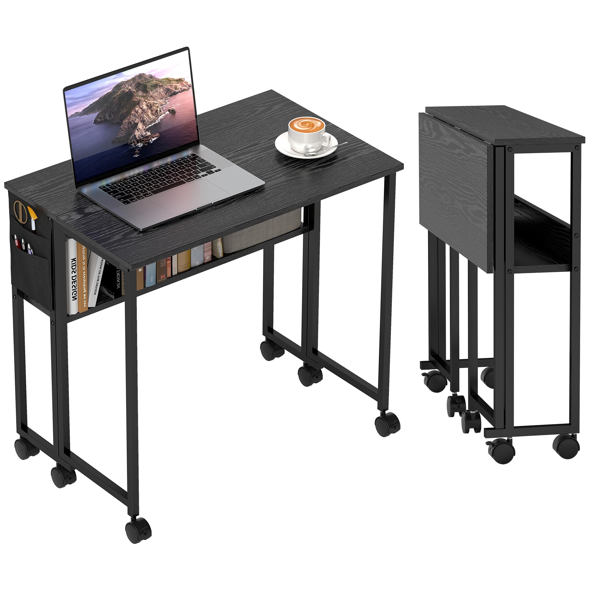 HOMCOM Bureau Pliable sur roulettes, Table d'ordinateur 80 x 50 cm avec étagère et Sac de Rangement, Table d'étude pour Bureau à Domicile, Chambre, Petits espaces, Noir