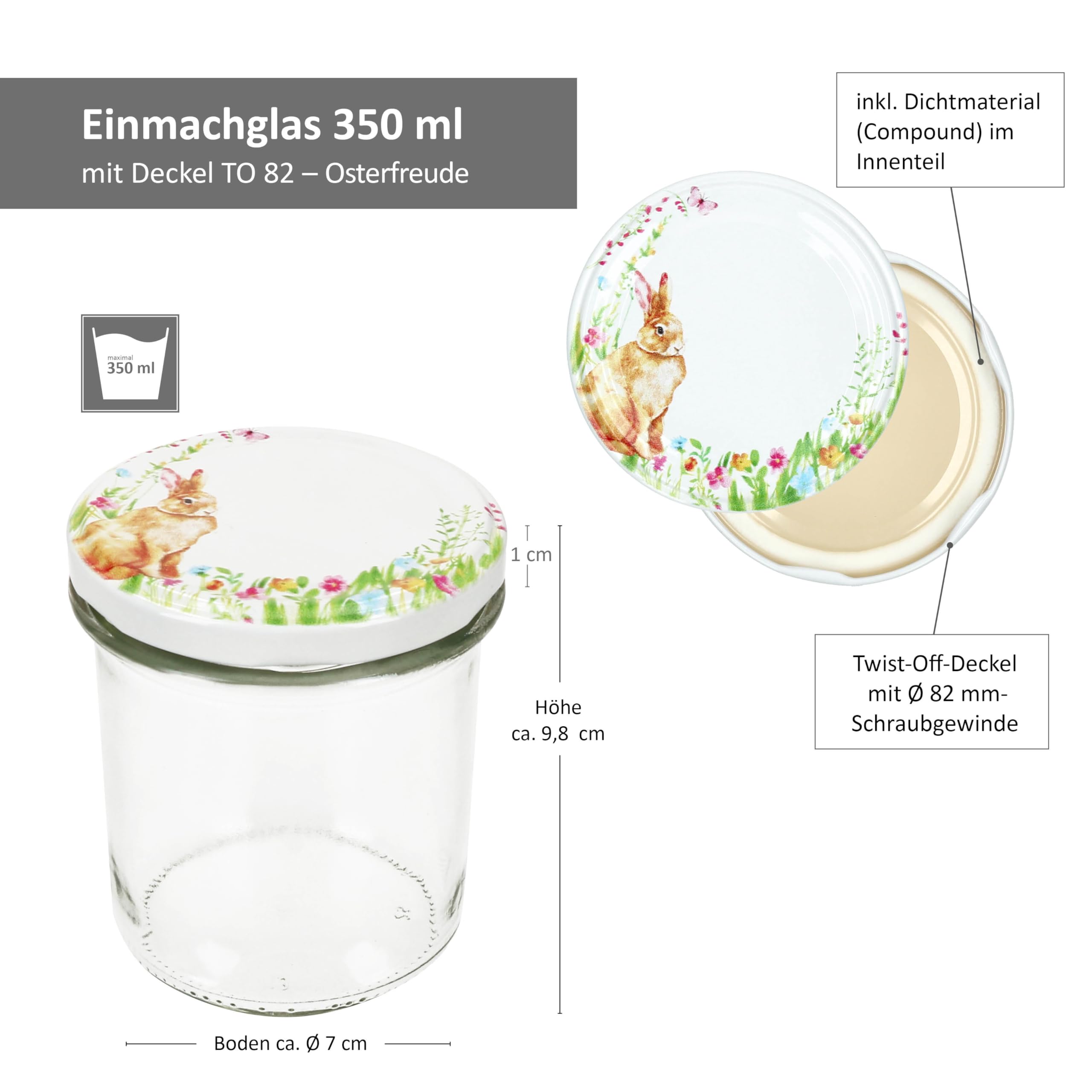 MamboCat Lot de 50 bocaux en verre de 350 ml avec couvercles à visser de 82 couvercles à visser « Osterfreude » I avec lapins et fleurs de Pâques I Bocaux de conservation + livret de recettes de sucre