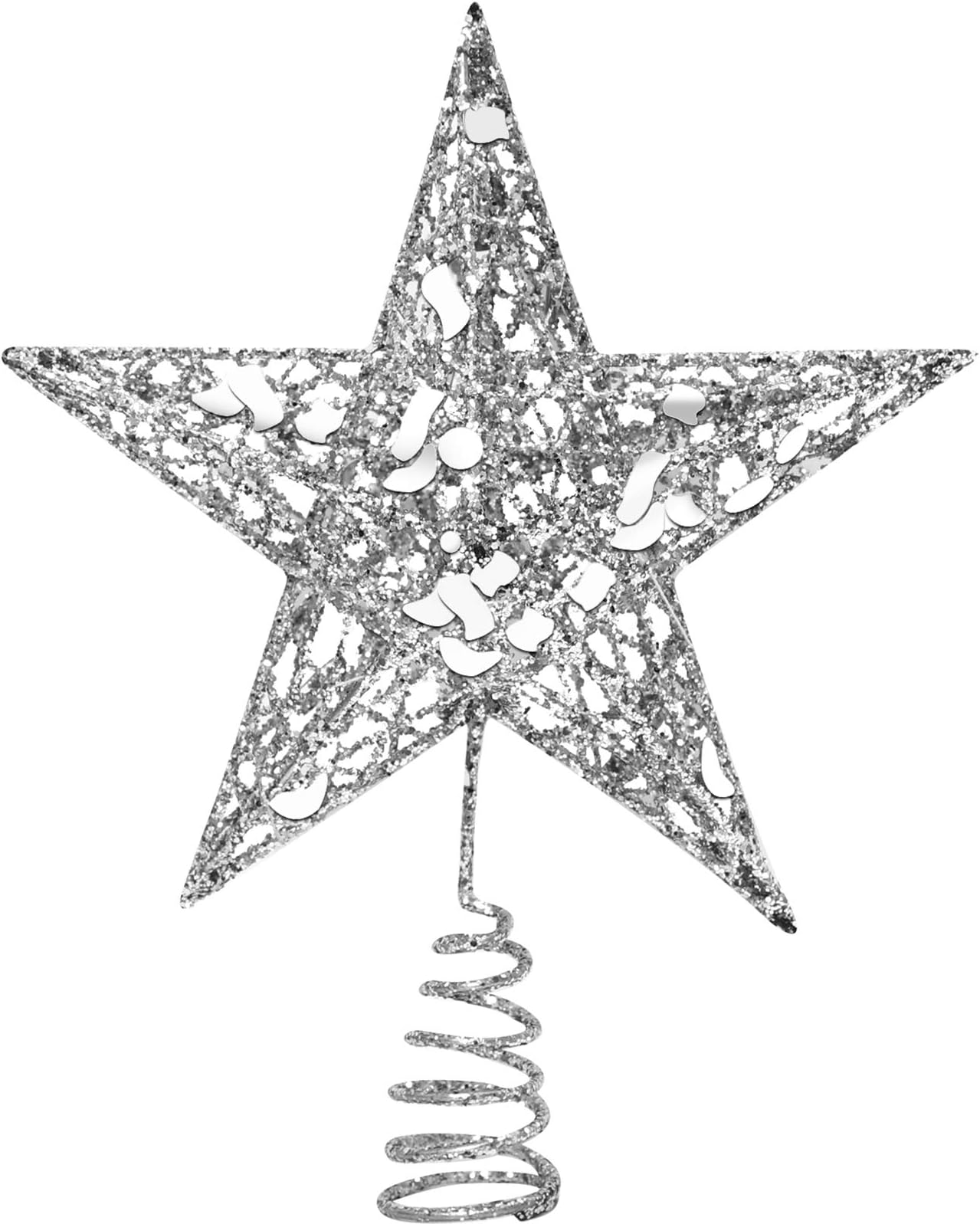 URATOT Glittered Christmas Tree Topper Metal Christmas Treetop Hallow Wire Star Topper for Christmas Home Decoration (10 inches, Silver)