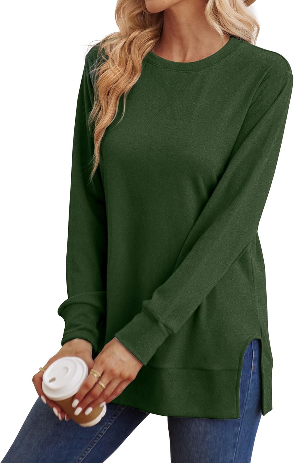 Saloogoe Sweatshirt for women Side Split Fall Fashion 2025 Long Sleeve Shirts Trending Now - Image 2