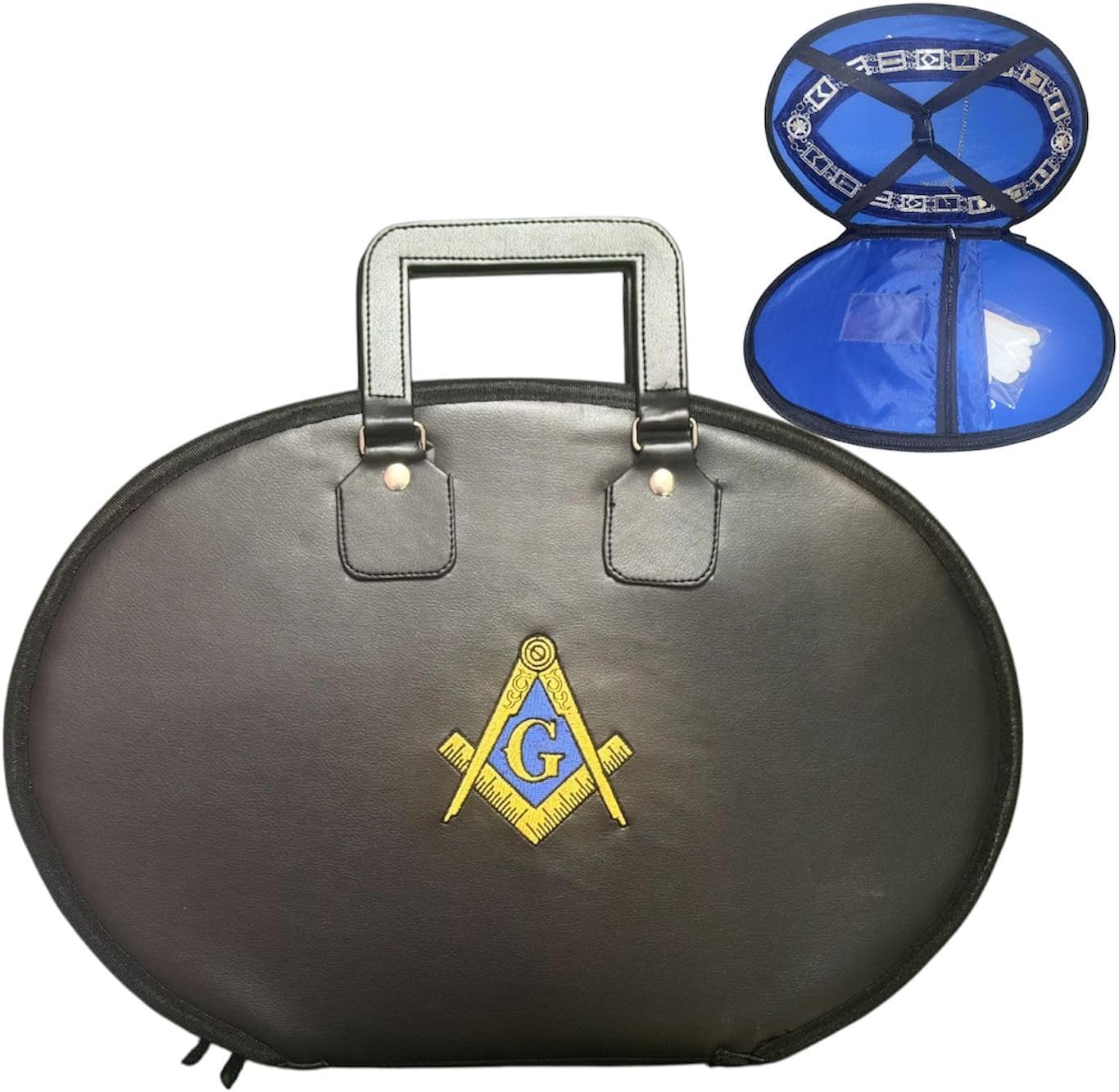 Masonic Blue Lodge Master Mason Chain Collar Case With Square & Compass Embroidered Logo Freemason Carrying Soft Black Leather Case + Chain Collar + Gloves
