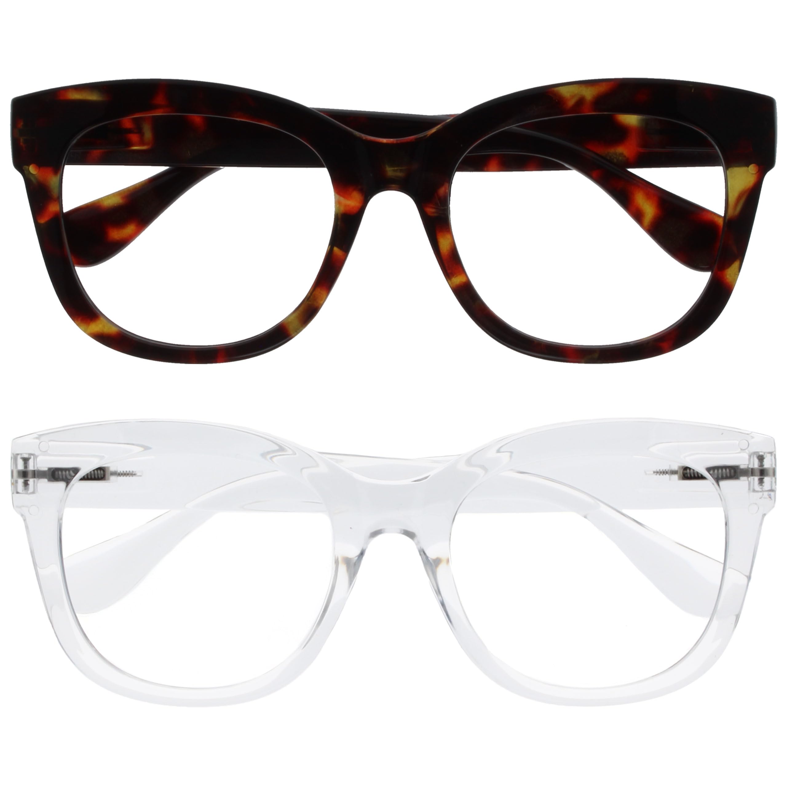 OPULIZE BIG Blue Light Blocking Reading Glasses - Bold Round Fashion Frame - Anti-Glare Anti-Reflective Computer Gaming - 2 Pack - UV & Eyestrain Protection - Brown Clear - Mens Womens +2.50
