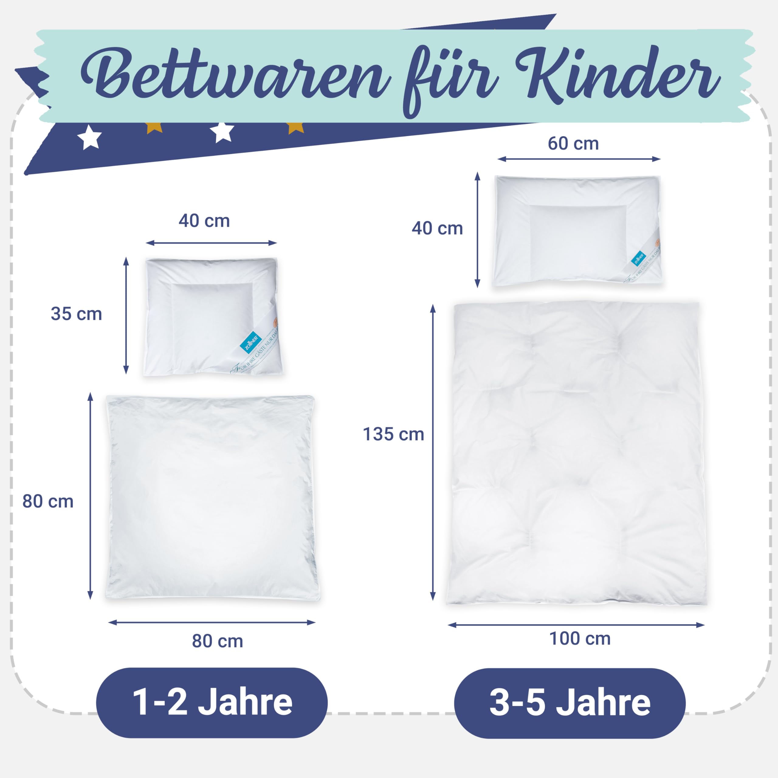 ZOLLNER Kinder & Kleinkinder Premium Bettenset - Bettdecke und Kopfkissen aus 90% Daunen und 10% Federn - Bezug aus Baumwolle - Made in Germany - 40x60cm und 100x135cm - für Kinder bis 5 Jahre