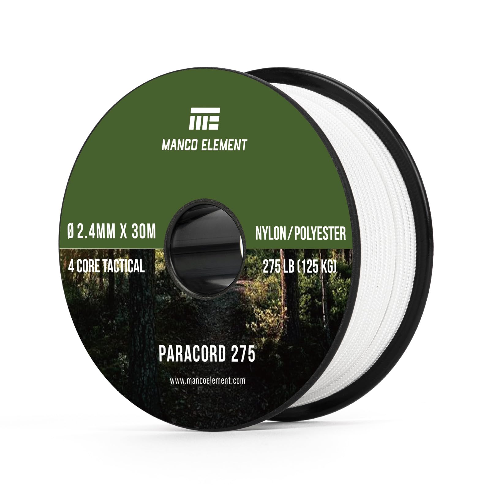 Manco Element 2.4mm Paracord 275lb 30m Rope Cord - 4 Strand, Nylon & Polyester, UV & Abrasion Resistance - White