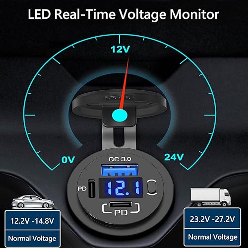 Miniatura 6 de Enchufe de cargador USB de 12 V, puerto USB C PD3.0 de 30 W y 18 W QC3.0 de 12 voltios con voltímetro e interruptor de alimentación, kit de repuesto