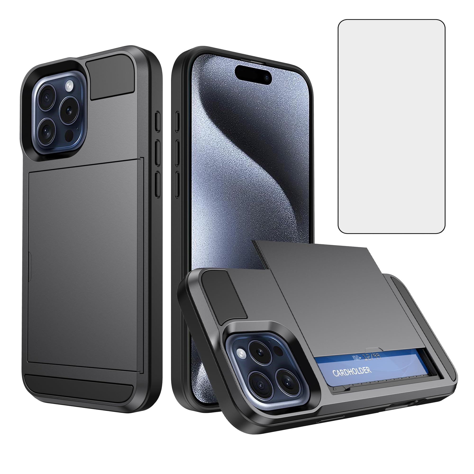 Coque iPhone 15 Pro grise anti-rayure protégeant écran et cartes bancaires