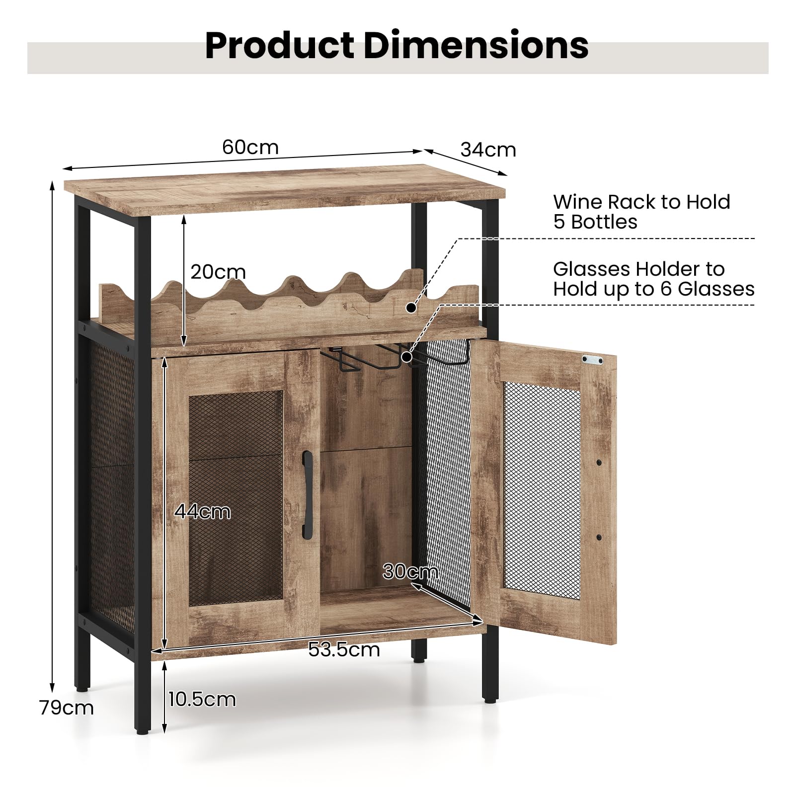 GIANTEX Meuble de Bar à Vin, Buffet Industriel, Porte-Bouteilles, Porte-Verres à vin Amovible, Meuble de Rangement, Porte en Métal Grillagé, Idéal pour Salon, Cuisine, Salle à Manger (Gris Chêne)