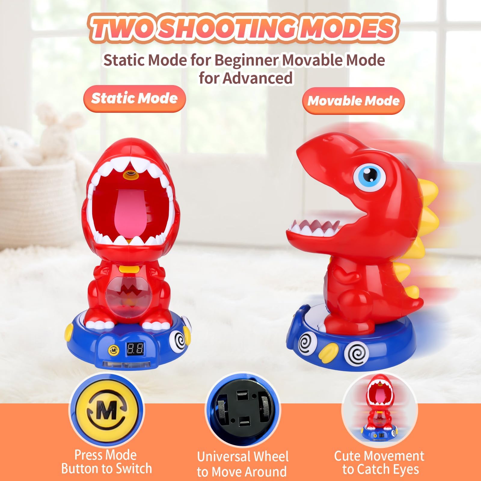 JIZZU Dinosaurios Juguetes, Dinosaurio en Movimiento de Juguete de Tiro para Los niños,con 2 Bombas de Aire Herramienta de Tiro LED Número de Visualización y Sonido