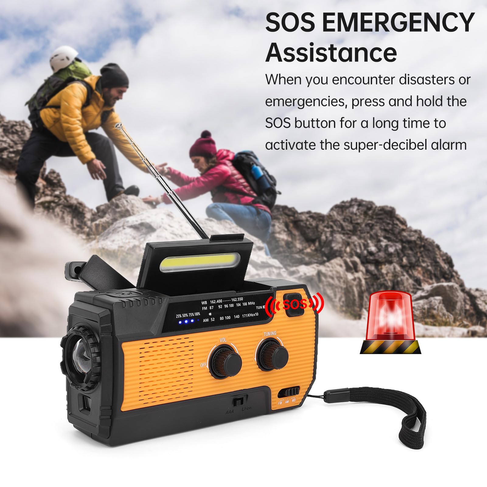Radio d'urgence,Radio Solaire AM/FM avec Dynamo à manivelle, Chargeur USB Rechargeable 4000 mAh, Alarme SOS et Lampe Torche LED, idéale pour la Maison, Le Camping et la randonnée