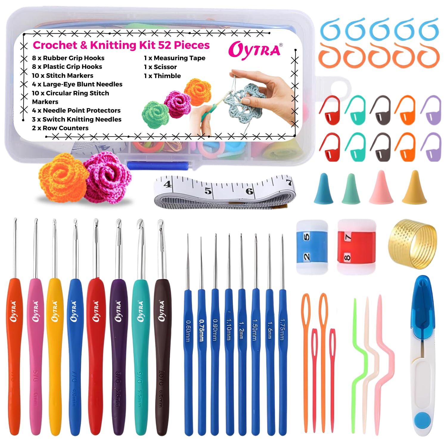 Oytra Crochet & Knitting Kit 52 Pieces Weaving Sewing Art Craft Ergonomic Hooks Yarn Needles Stitch Markers & Organizer Set for Beginners-image-37