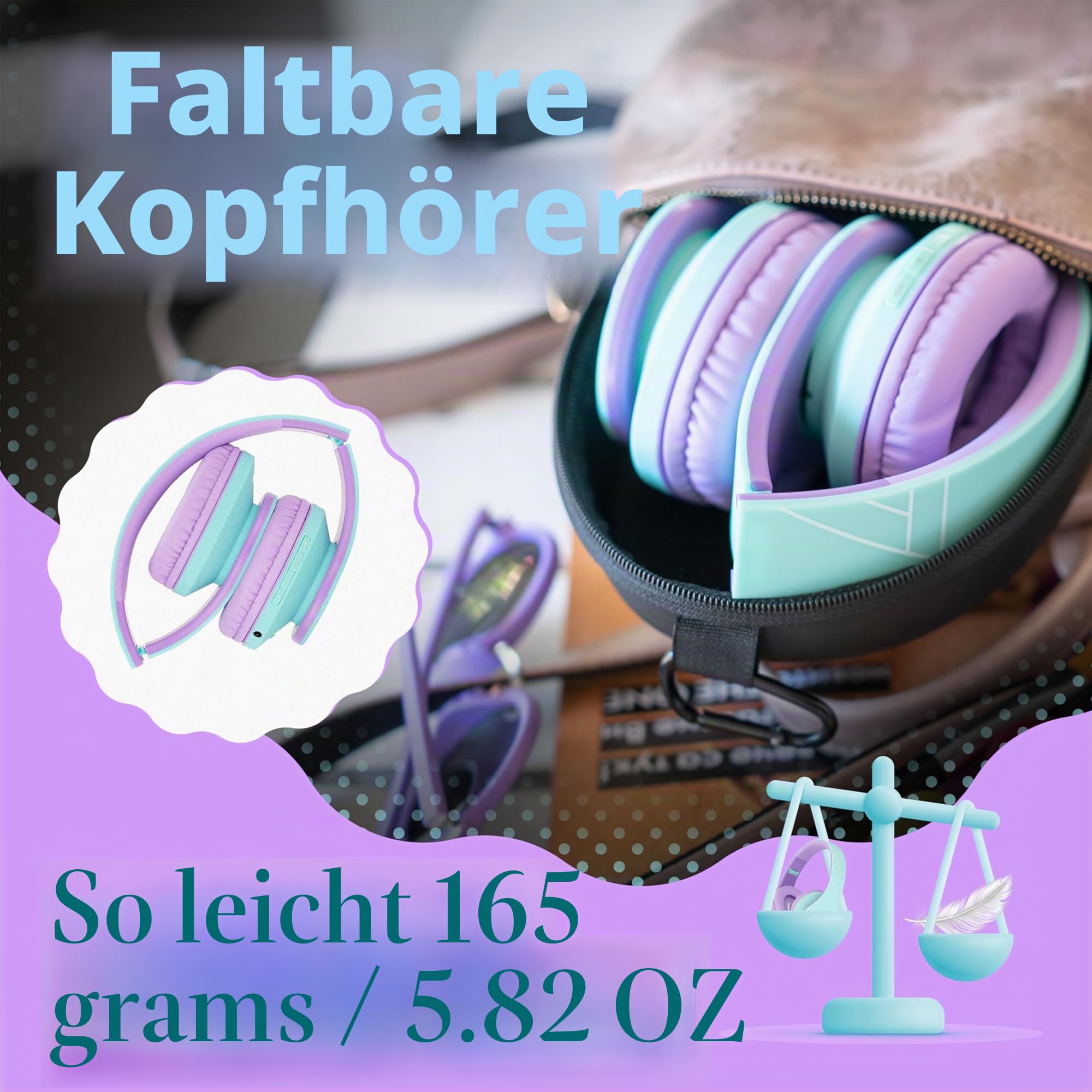 Kinder Kopfhörer, PowerLocus KinderKopfhörer Bluetooth mit 85dB Lautstärkebegrenzung, Faltbar mit Tragetasche, Kopfhörer Over Ear Kabellose und Kabel mit Mikrofon, Micro-SD-Modus für Handy, PC, Tablet