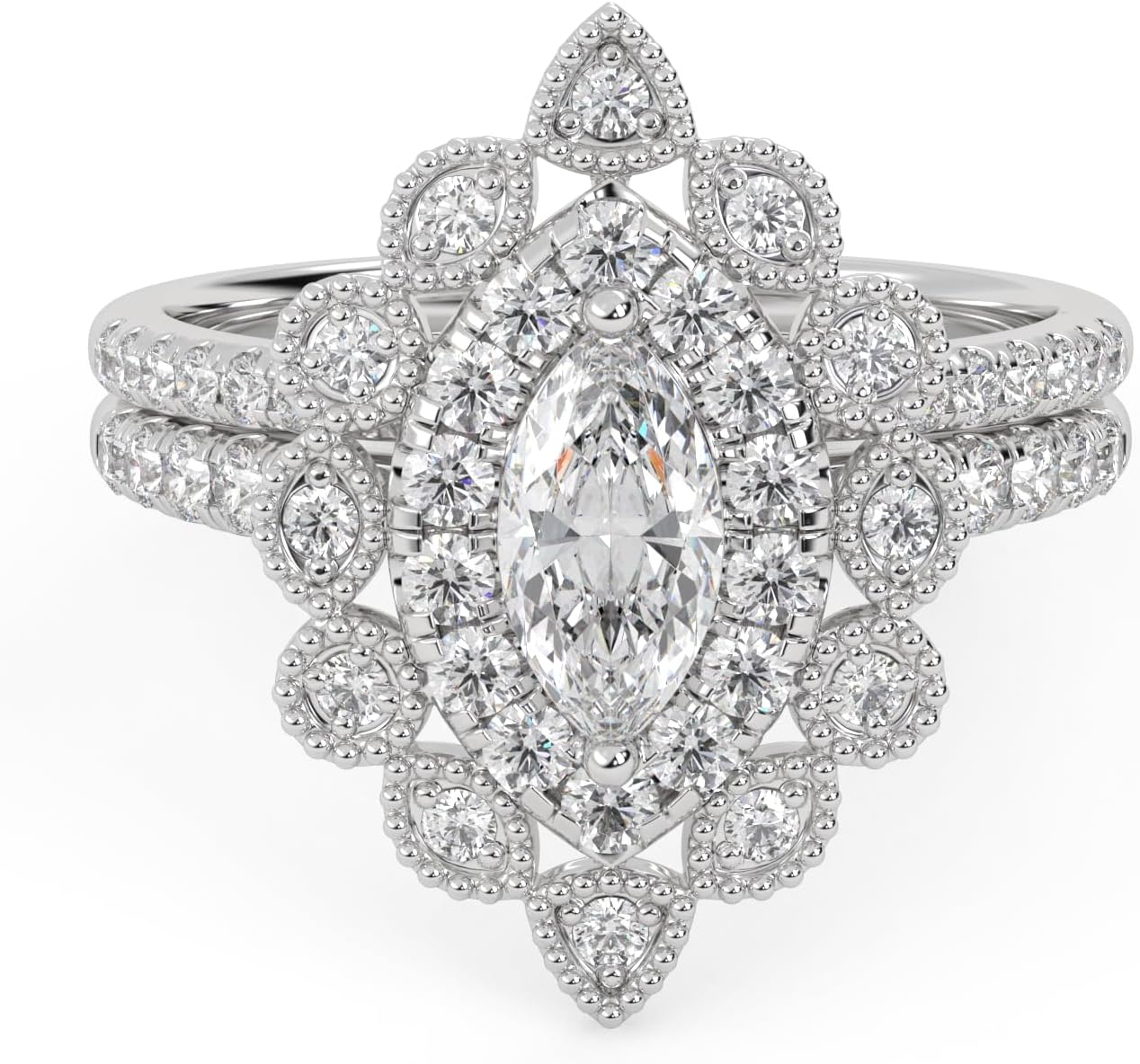 Marquise Frame Halo Beaded Bridal Set Ring for Women, Center 8X4mm Marquise and Round cut Lab Created Moissanite Engagement Wedding Ring in 10K / 14K Solid Gold or 925 Sterling Silver