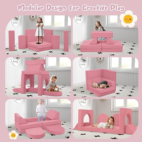 Miniatura 77 de MeMoreCool Sofá infantil para sala de juegos, sofá modular de 10 piezas, sofá convertible de pana, juego de construcción de fuerte de espuma para