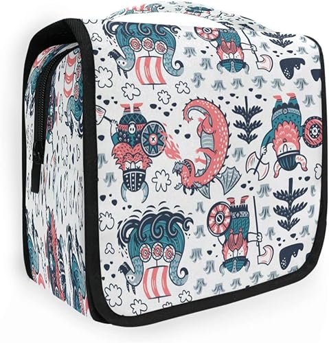 Omhonmi Neceser colgante para mujer, dragón vikingo, bolsa de maquillaje impermeable, bolsa de cosméticos portátil, bolsa de viaje con gancho para