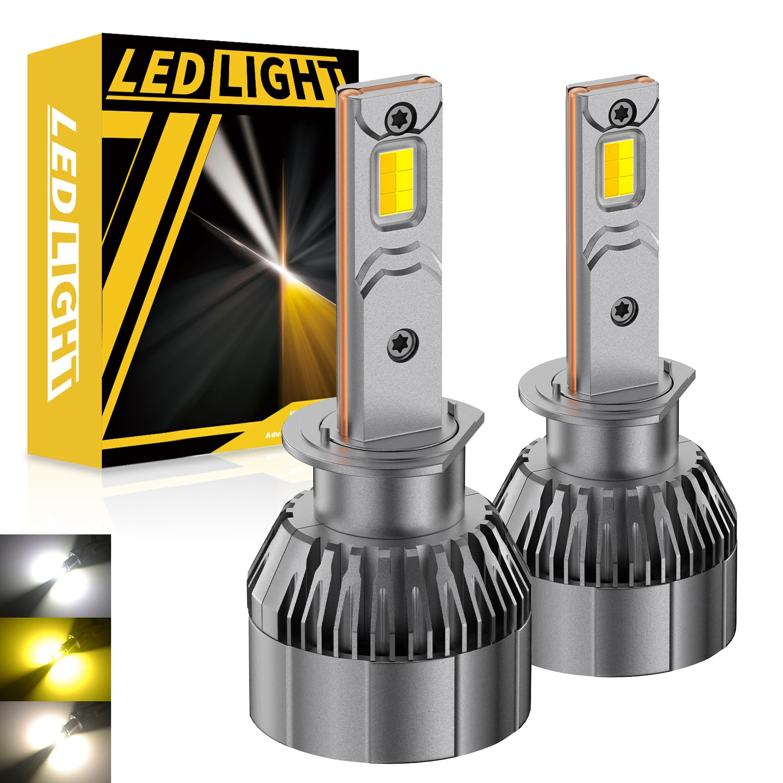 Ampoule de phare H1 LED, 2 PCS Nouvelle Mise à Niveau Tricolore (6500K 4300K 3000K) Ampoule de phare H1 Canbus Sans Erreur 12-24V 120W 800% de Luminosité LED Kit de Faisceau Haut/Bas