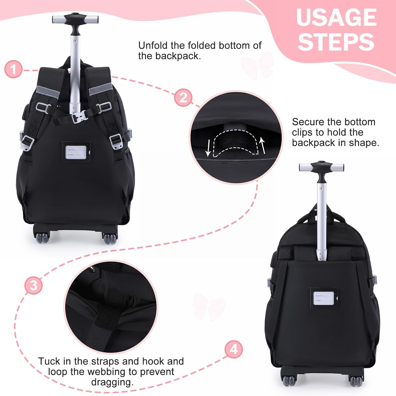 Bevalsa Rolling Backpack for Girls, Roller Backpack with Wheels image 4