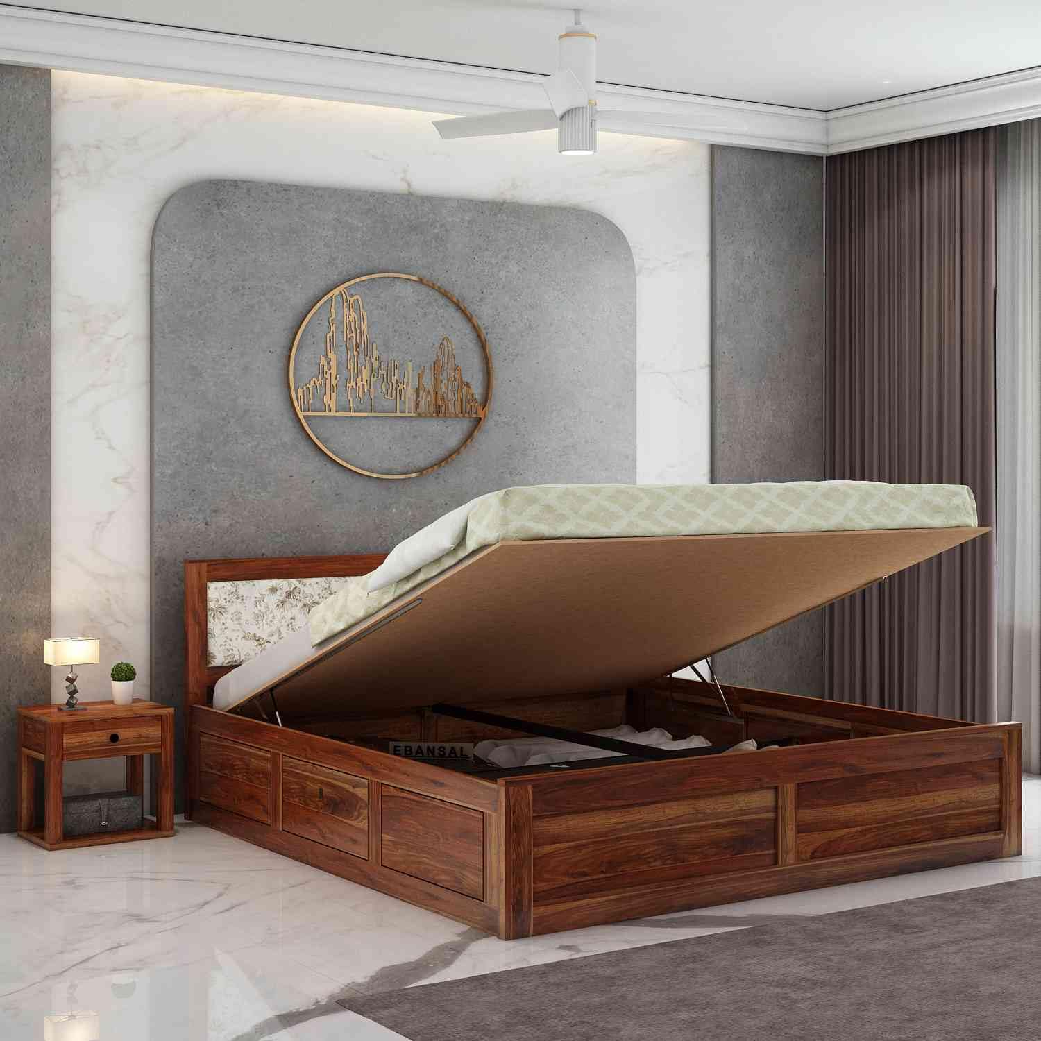 Solid Sheesham Wood Hydraulic Storage Bed for Bedroom | King Size Wooden Double Bed with Box Storage & Soft Upholstered Headboard (Honey Finish)-picture-25