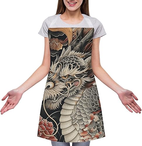 Miniatura 3 de MUSM Apron for Adults - 27.6 X 31.5 Inch, Heavy-Duty Polyester Aprons with Two Large Pockets, Waterproof Ornate Dragon Pattern Kitchen Apron for